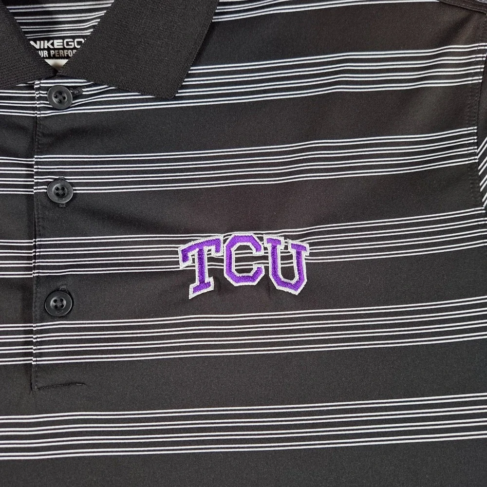 TCU Horned Frogs Nike Golf Tour Performance Polo Shirt Mens L Black White Stripe